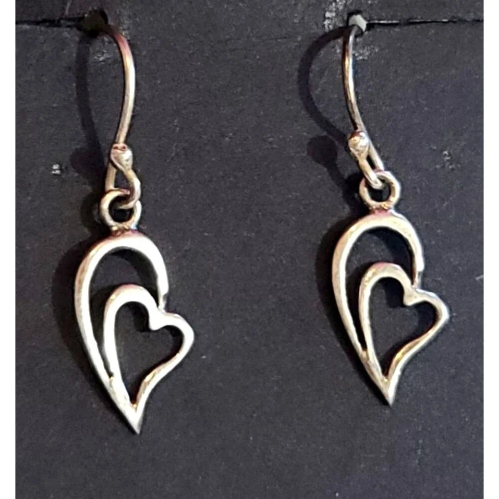 Vintage 925 Sterling Silver Double Heart Cutout Dangle Drop Earrings